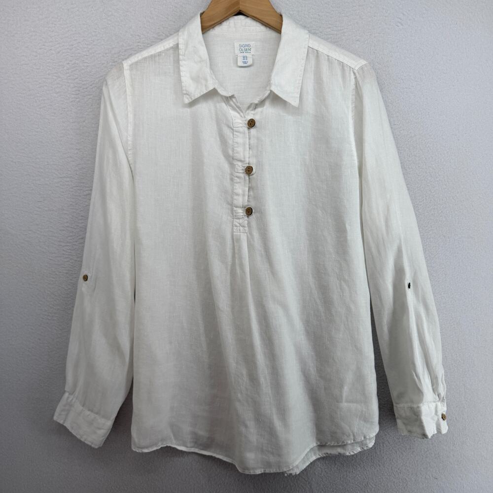 SIGRID OLSEN Top XL 100% Linen Tunic Popover Shirt Roll Tab Sleeve White